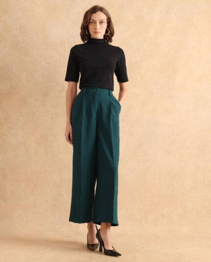 Rareism Women Erica Green Button Closure Wide Fit Ankle Length Plain Trouser