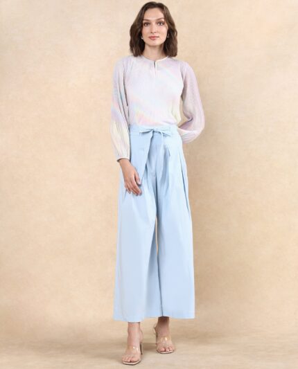 Rareism Women Sebern Light Blue Cotton Blend Fabric Button Closure Flared Ankle Length Plain Trouser