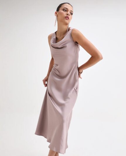 Rareism Women Zarina Dusky Beige Sleeveless Cowl Neck Zipper Closure Bodycon Maxi Plain Dress